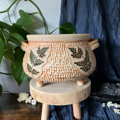 #015 Big Cauldron-Textured with ferns Throw and grow ceramics